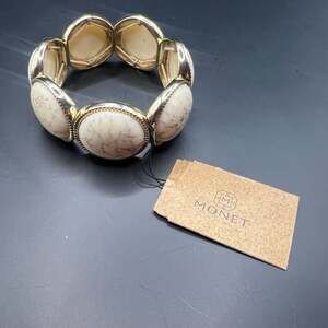 Monet Gold-Tone Faux Marbleized White Stone Stretch Bracelet NWT